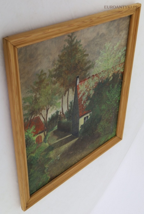 Ręcznie malowany pejzaż wiejski na płycie vintage lata 60-80