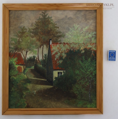Ręcznie malowany pejzaż wiejski na płycie vintage lata 60-80