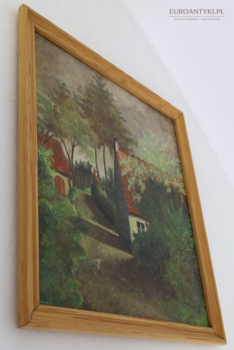 Ręcznie malowany pejzaż wiejski na płycie vintage lata 60-80