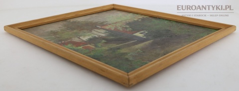 Ręcznie malowany pejzaż wiejski na płycie vintage lata 60-80