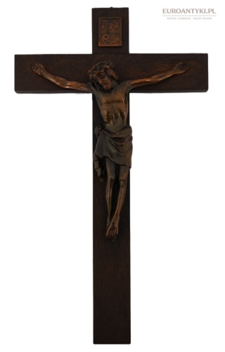 XL! Duży klasyczny antyczny krzyż dębowy z Jezusem Chrystusem INRI – XX wiek