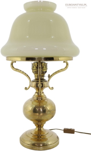 Duża antyczna lampa stołowa mosiężna Kosmos Brenner – klosz opalowy, 60 cm