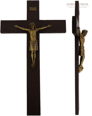 Duży antyczny krzyż ścienny 70 cm – dąb i mosiężna figura Jezusa