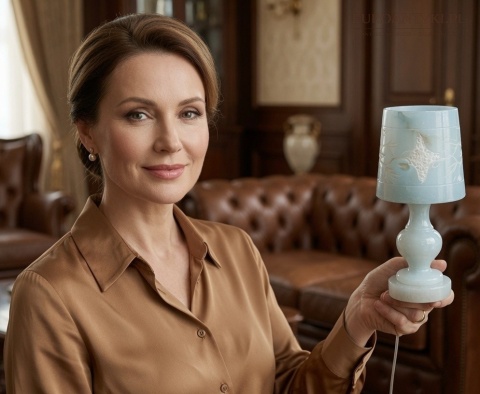 błękitna lampka nocna z lanego alabastru