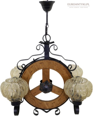 Rustykalna lampa wisząca koło drewniane metal 4 klosze vintage