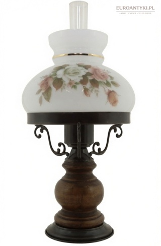 Rustykalna lampka stołowa vintage jak naftowa – drewno, szkło, róże