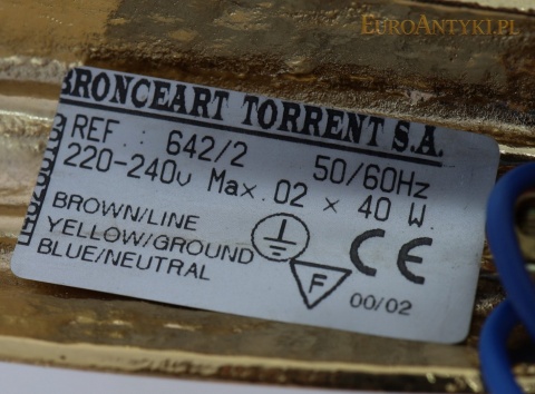 etykieta lampy ściennej Bronceart Torrent S.A. – kinkiet REF. 642/2, maksymalnie 2 × 40 W