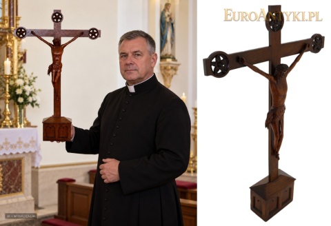 zestawienie krucyfiksu na białym tle i wizualizacji AI we wnętrzu kościoła
