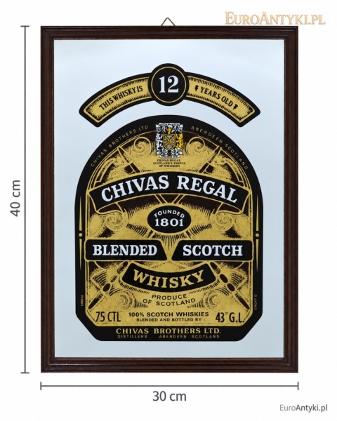 szyld Chivas Regal na lustrze z oznaczoną wysokością 40 cm i szerokością 30 cm