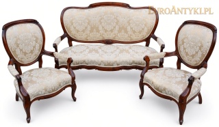 Komplet salonowy neorokoko – sofa i 2 fotele, drewno mahoniowe, adamaszek