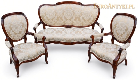 komplet salonowy neorokoko z mahoniu – sofa i dwa fotele z jasnym adamaszkiem