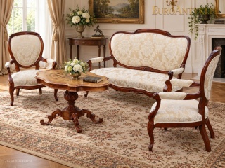 Komplet salonowy neorokoko – sofa i 2 fotele, drewno mahoniowe, adamaszek