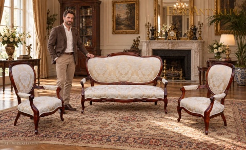 sofa i dwa fotele w salonie z kominkiem, obok stojący mężczyzna – wizualizacja