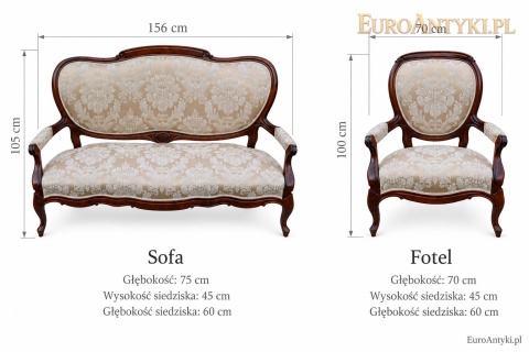 sofa i fotel neorokoko z oznaczeniem wymiarów całkowitych oraz wymiarów siedzisk