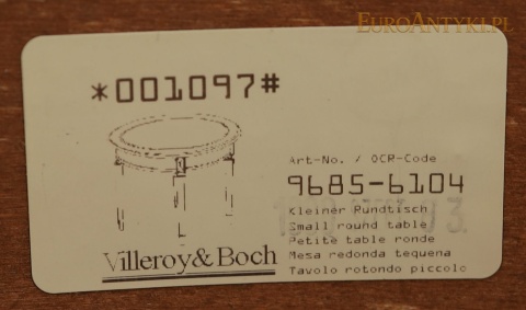 Papierowa etykieta katalogowa Villeroy & Boch pod blatem stolika