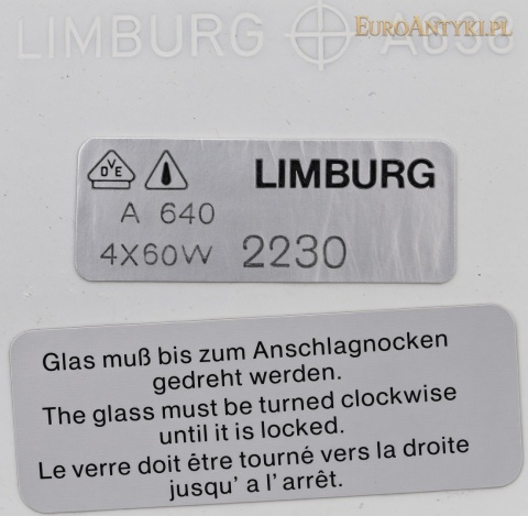 etykieta Limburg A 640 2230 z oznaczeniem 4 × 60 W i instrukcją blokowania klosza