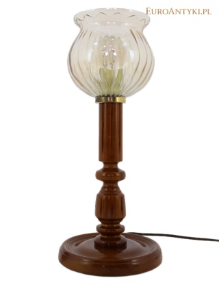 XL! Duża rustykalna lampa stołowa vintage – drewno i szklany klosz lata 60/70