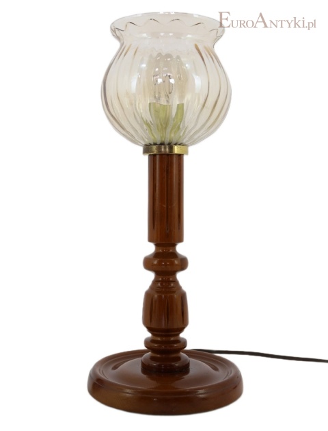 duża rustykalna lampa stołowa vintage z litego drewna i szklanego klosza