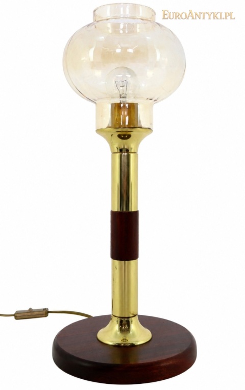 DUŻA mosiężna lampa stołowa vintage – drewno i szklany klosz lata 60/70