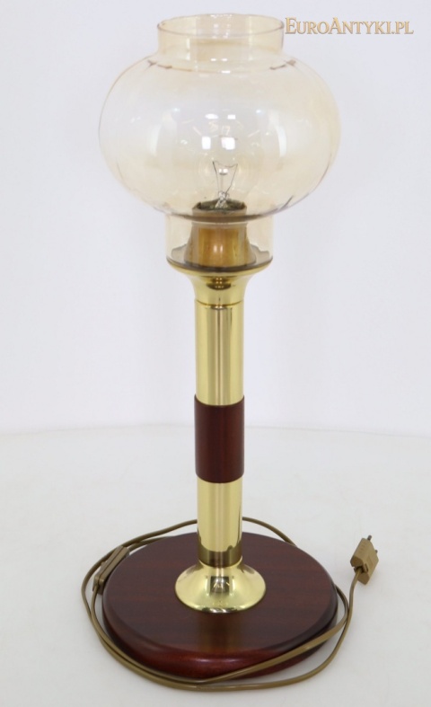 DUŻA mosiężna lampa stołowa vintage – drewno i szklany klosz lata 60/70
