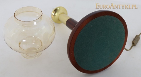DUŻA mosiężna lampa stołowa vintage – drewno i szklany klosz lata 60/70