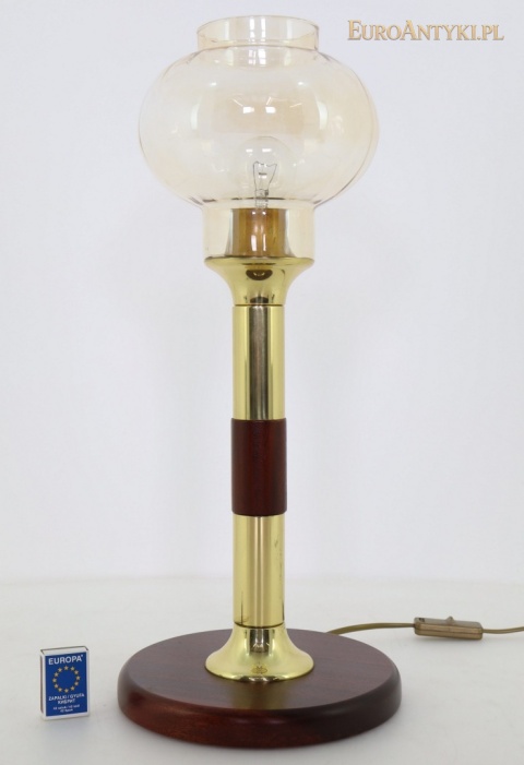 DUŻA mosiężna lampa stołowa vintage – drewno i szklany klosz lata 60/70
