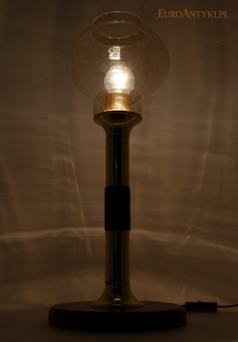 DUŻA mosiężna lampa stołowa vintage – drewno i szklany klosz lata 60/70