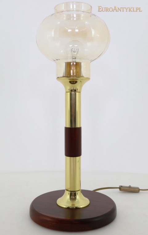 DUŻA mosiężna lampa stołowa vintage – drewno i szklany klosz lata 60/70