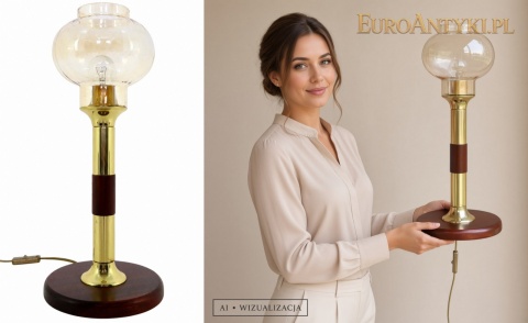 DUŻA mosiężna lampa stołowa vintage – drewno i szklany klosz lata 60/70