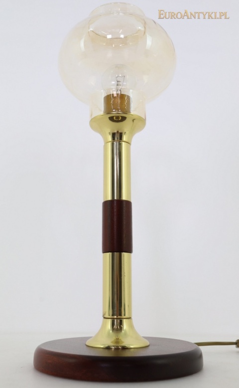 DUŻA mosiężna lampa stołowa vintage – drewno i szklany klosz lata 60/70