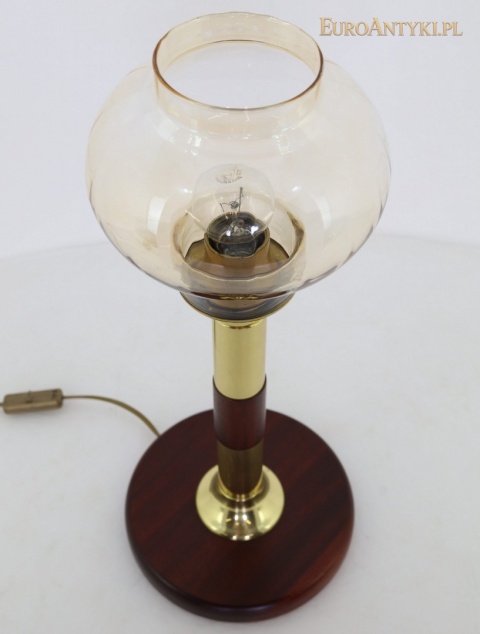 DUŻA mosiężna lampa stołowa vintage – drewno i szklany klosz lata 60/70