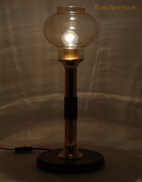 DUŻA mosiężna lampa stołowa vintage – drewno i szklany klosz lata 60/70
