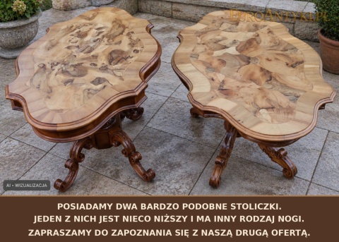porównanie dwóch podobnych stolików z informacją o osobnych ofertach – wizualizacja AI
