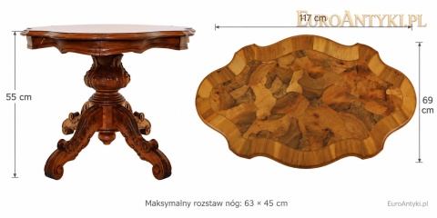 stolik kawowy z wymiarami: wysokość 55 cm, blat 117 na 69 cm, rozstaw nóg 63 na 45 cm