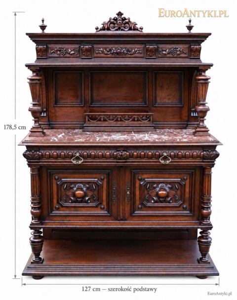 bufet neorenesansowy z oznaczeniem wysokości 178,5 cm i szerokości podstawy 127 cm
