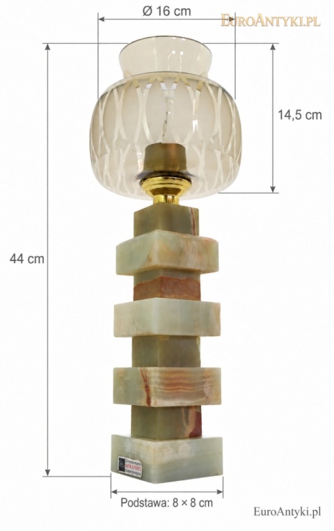 lampa Zimmermann z wymiarami: wysokość 44 cm, klosz 14,5 cm, średnica 16 cm i podstawa 8 na 8 cm
