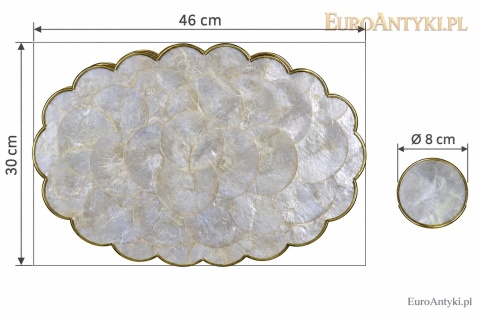 Wymiary podkładki Capiz 46 × 30 cm i okrągłej podstawki Ø 8 cm
