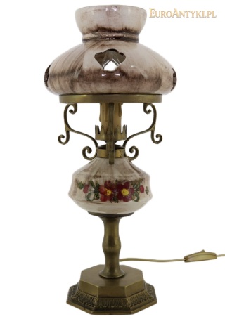 Rustykalna lampka stołowa vintage – ręcznie malowana ceramika i brąz