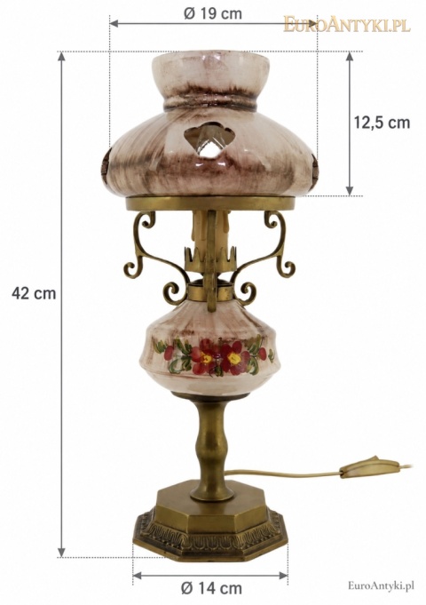 lampka ceramiczna z oznaczeniem wysokości i wymiarów klosza oraz podstawy