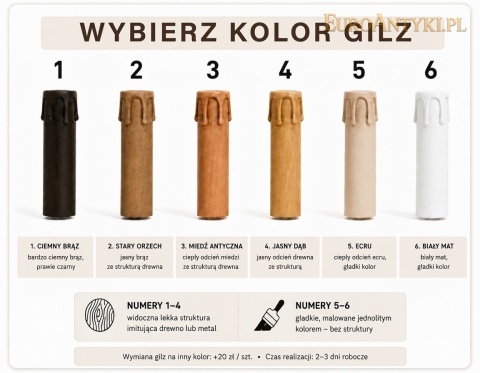 Wzornik sześciu kolorów gilz do lamp: ciemny brąz, stary orzech, miedź antyczna, jasny dąb, ecru i biały mat