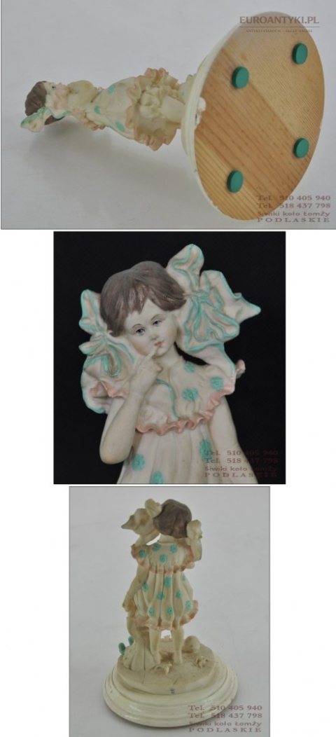 STARA FIGURKA DZIEWCZYNKA Z KOKARDAMI sygnowana