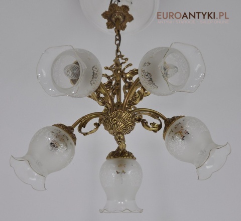 STARY MOSIEZNY ZYRANDOL Z KLOSZAMI LAMPA MOSIADZ