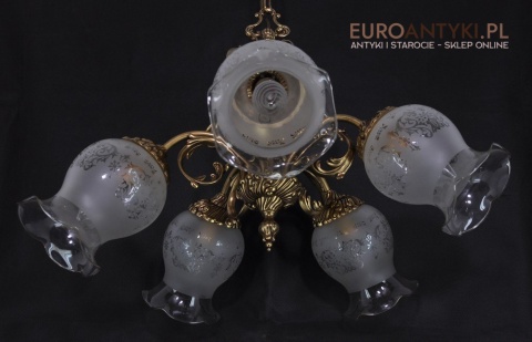STARY MOSIEZNY ZYRANDOL Z KLOSZAMI LAMPA MOSIADZ
