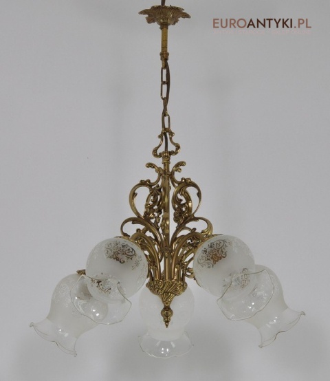 STARY MOSIEZNY ZYRANDOL Z KLOSZAMI LAMPA MOSIADZ