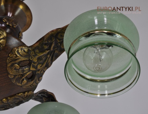 Antyk secesyjny żyrandol do salonu. Zielone klosze z epoki.