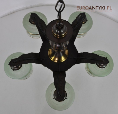 Antyk secesyjny żyrandol do salonu. Zielone klosze z epoki.