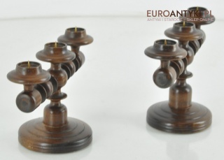 2 DREWNIANE STARE SWIECZNIKI NA TRZY SWIECE ANTYK