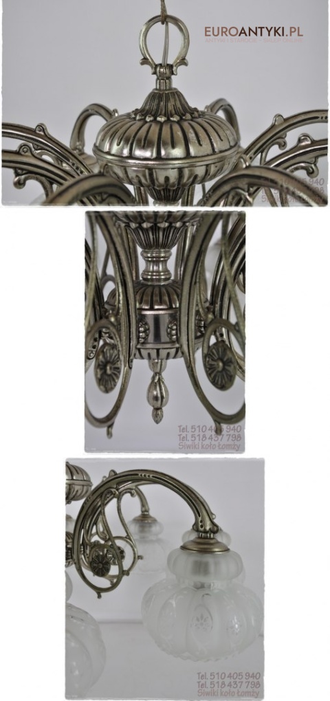 XL DUZY STARY SREBRNY ZYRANDOL Z KLOSZAMI ANTYK XL