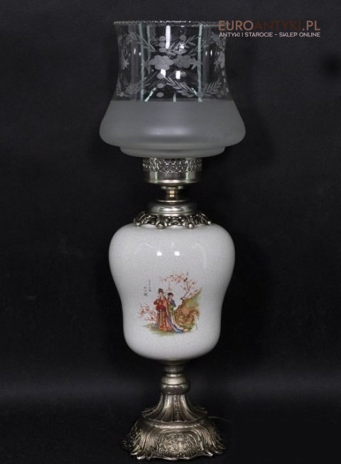 XL SREBRNA DUZA STARA JAPONSKA LAMPA Z PORCELANY