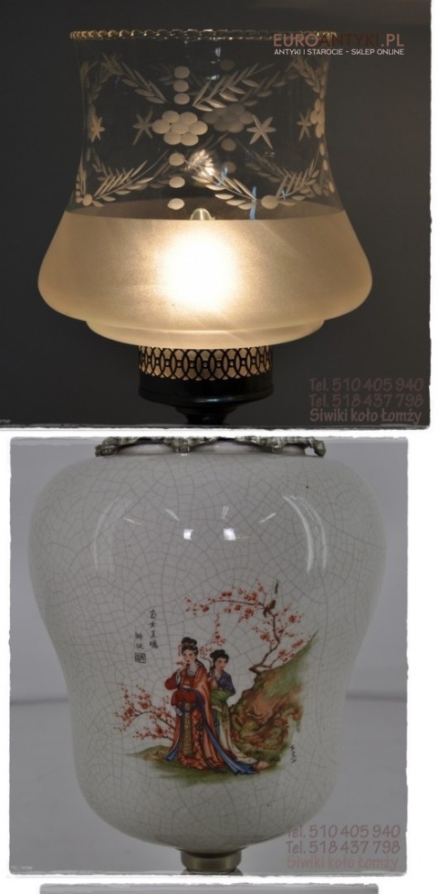 XL SREBRNA DUZA STARA JAPONSKA LAMPA Z PORCELANY